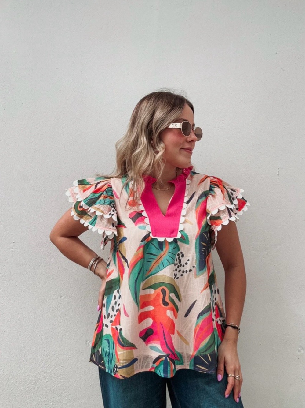 Oli Oli Bright Pink Trim Tropical Print Flutter Sleeve Top
